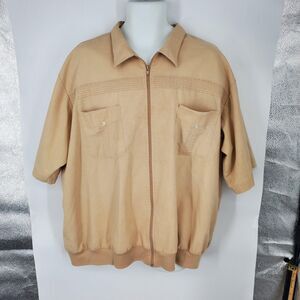 Vintage John Blair Shirt Mens 2XL Tan Short Sleeve Zip Front Banded Hem Pockets